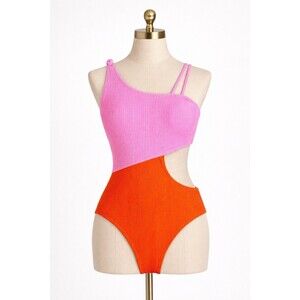 Colorblock One Shoulder Swimsuit Pink Orange Textured XL 14-16